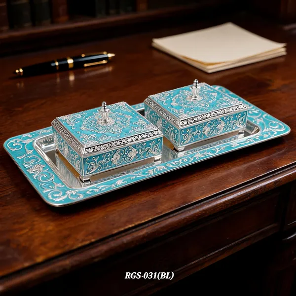 German_Silver_Turquoise_Blue_Meenakari_Floral_Double_Dry_Fruit_Box_Set