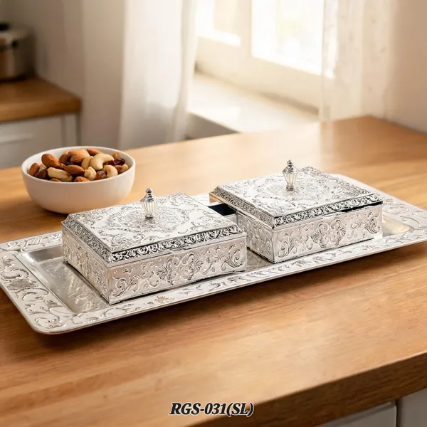 German_Silver_Embossed_Floral_Dual_Compartment_Dry_Fruit_Box_With_Tray