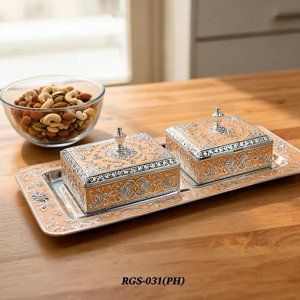 German_Silver_Enamel_Festive_Floral_Paisley_Dual_Dry_Fruit_Box_Set_With_Tray