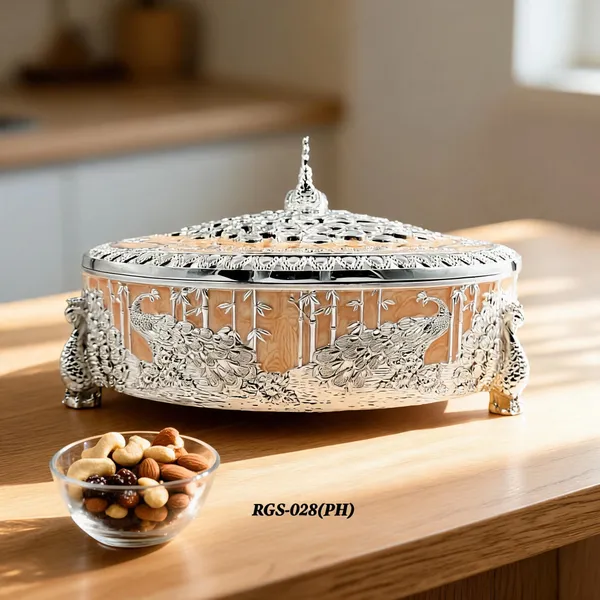 German_Silver_Peach_Enamel__Traditional_Peacock_Embossed_Round_Dry_Fruit_Box