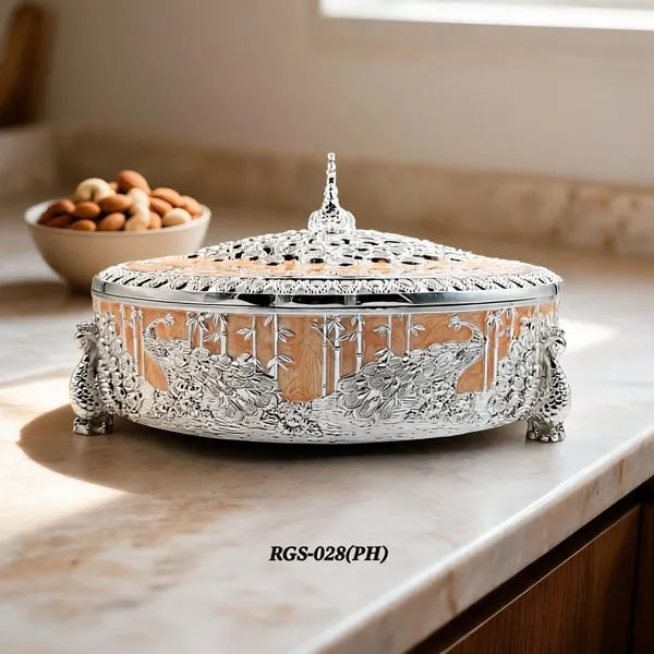 German_Silver_Peach_Enamel__Traditional_Peacock_Embossed_Round_Dry_Fruit_Box