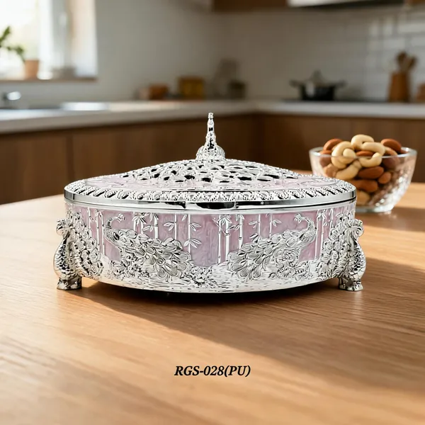 German_Silver_Purple_Enamel__Traditional_Peacock_Embossed_Round_Dry_Fruit_Box
