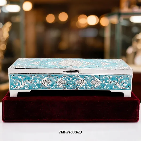 German_Silver_Turquoise_Blue_Enamel_Floral_Engraved_Jewelry_And_Dry_Fruit_Storage_Box