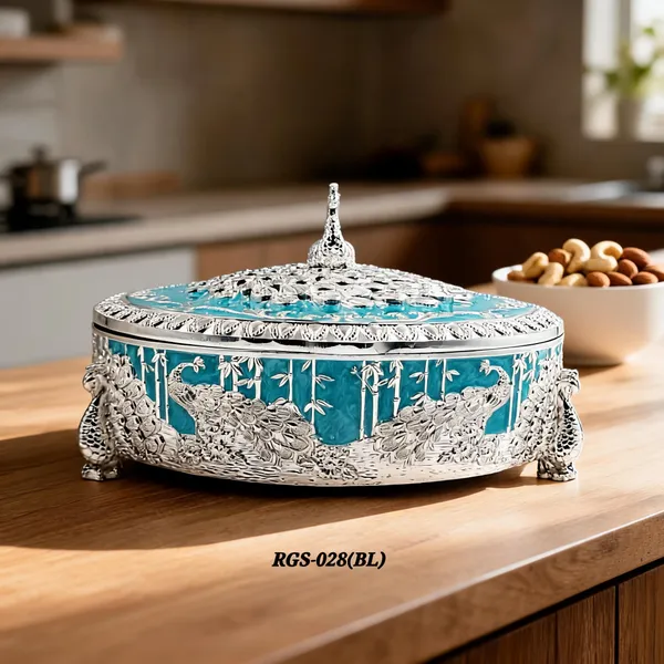 German_Silver_Turquoise_Blue_Enamel_Peacock_Design_4_Compartment_Dry_Fruit_Box