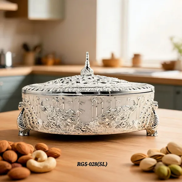 German_Silver_Enamel__Traditional_Peacock_Embossed_Round_Dry_Fruit_Box