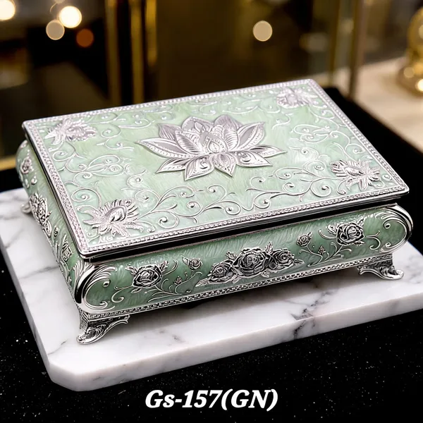 German_Silver_Green_Enamel_Floral_Embossed_Jewelry_Or_Dry_Fruit_Storage_Box