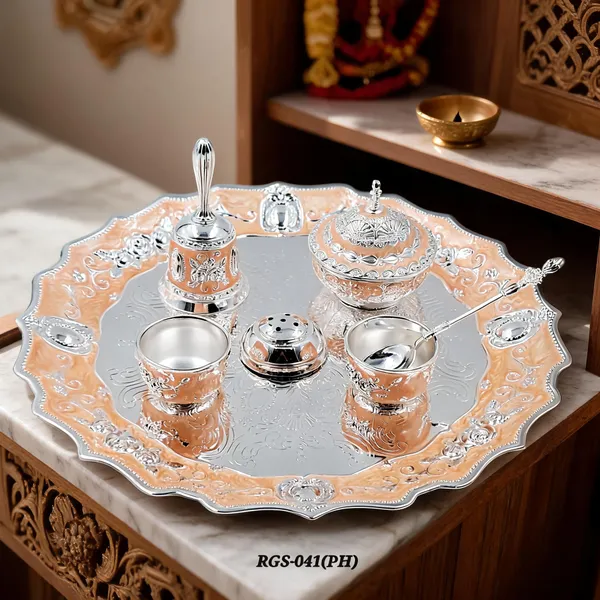German_Silver_Peach_Enamel_Embossed_Pooja_Thali_Set_With_Small_Agarbatti_Stand_And_Bell