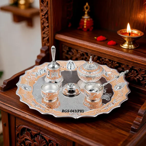 German_Silver_Peach_Enamel_Embossed_Pooja_Thali_Set_With_Small_Agarbatti_Stand_And_Bell