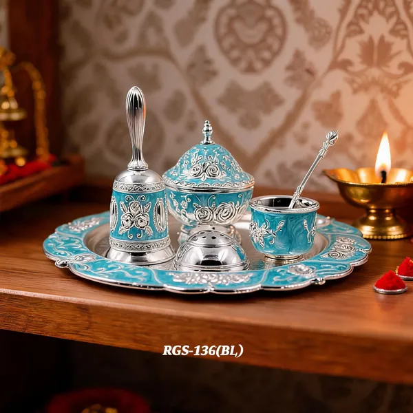 German_Silver_Turquoise_Blue_Enamel_Floral_Pooja_Thali_Set