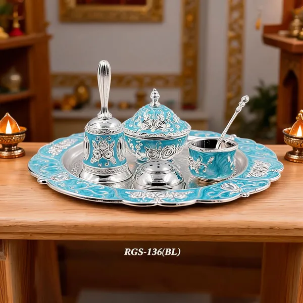 German_Silver_Turquoise_Blue_Enamel_Floral_Pooja_Thali_Set