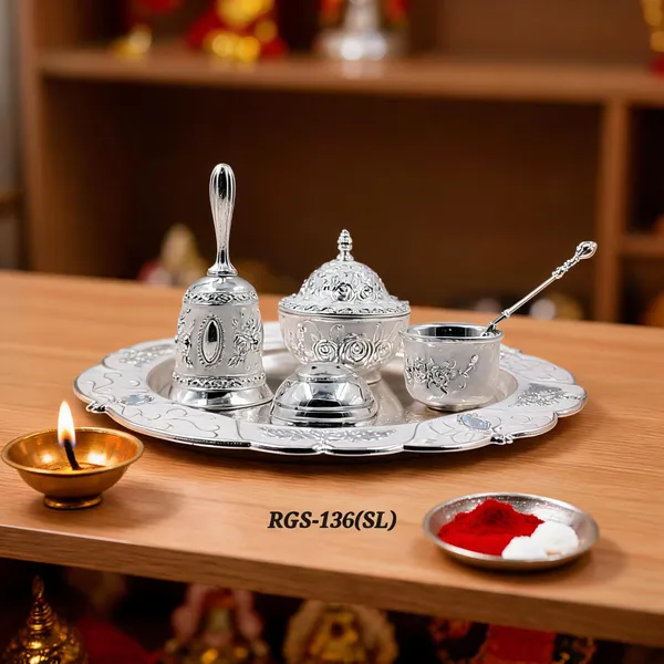 German_Silver_Embossed_Floral_Pooja_Thali_Set_With_Bell