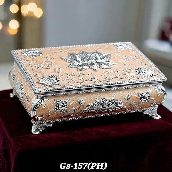 German_Silver_Peach_Enamel_Floral_Embossed_Jewelry_Or_Dry_Fruit_Storage_Box