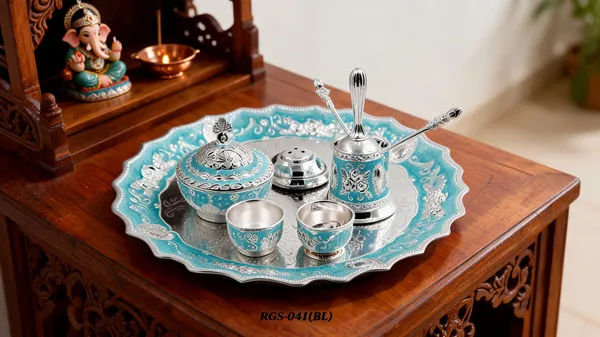 German_Silver_Turquoise_Blue_Enamel_Embossed_Pooja_Thali_Set_With_Small_Agarbatti_Stand_And_Bell