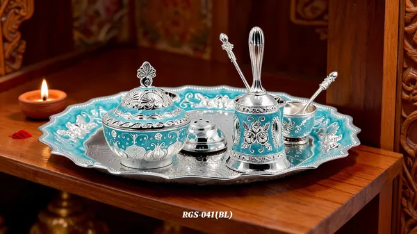 German_Silver_Turquoise_Blue_Enamel_Embossed_Pooja_Thali_Set_With_Small_Agarbatti_Stand_And_Bell