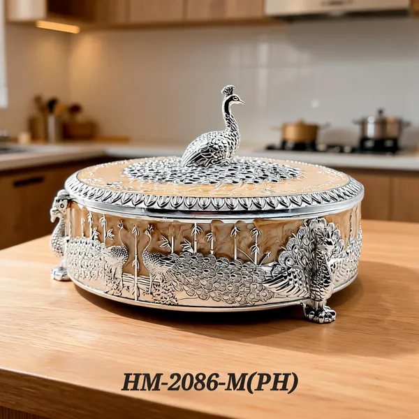 German_Silver_Peach_Enamel_Traditional_Peacock_Embossed_Medium_Size_Round_Dry_Fruit_Box