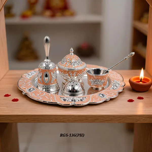 German_Silver_peach_Two_Tone_Embossed_Pooja_Thali_Set