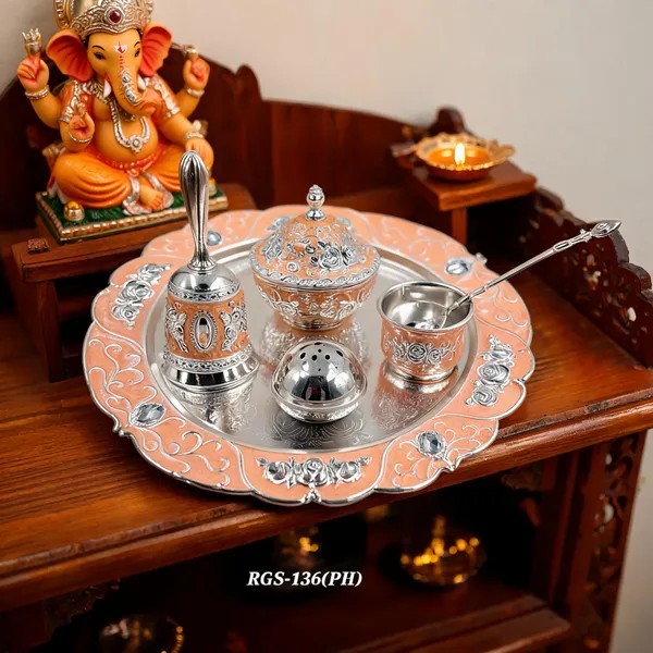 German_Silver_peach_Two_Tone_Embossed_Pooja_Thali_Set
