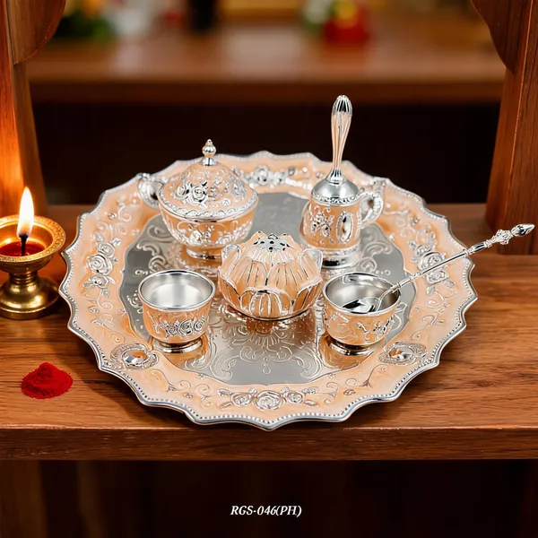 German_Silver_Peach_Enamel_Embossed_Pooja_Thali_Set_With_Large_Lotus_Agarbatti_Stand_And_Bell