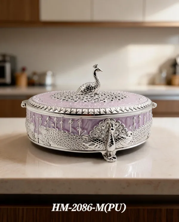 German_Silver_Lavender_Enamel_Traditional_Peacock_Embossed_Medium_Size_Round_Dry_Fruit_Box
