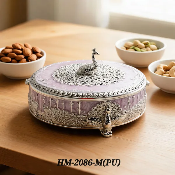 German_Silver_Lavender_Enamel_Traditional_Peacock_Embossed_Medium_Size_Round_Dry_Fruit_Box
