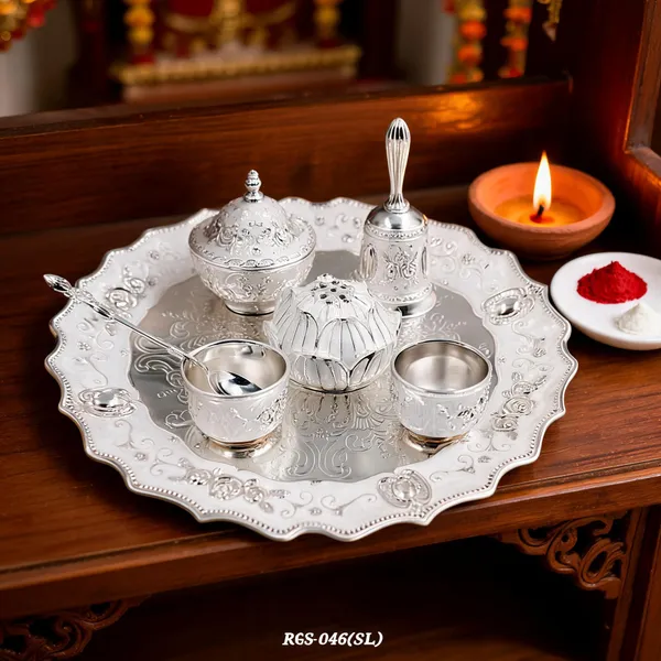 German_Silver_Enamel_Embossed_Pooja_Thali_Set_With_Large_Lotus_Agarbatti_Stand_And_Bell