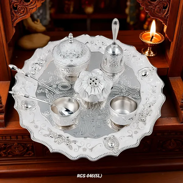 German_Silver_Enamel_Embossed_Pooja_Thali_Set_With_Large_Lotus_Agarbatti_Stand_And_Bell