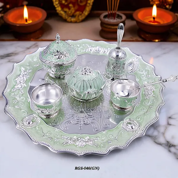German_Silver_Green_Enamel_Embossed_Pooja_Thali_Set_With_Large_Lotus_Agarbatti_Stand_And_Bell