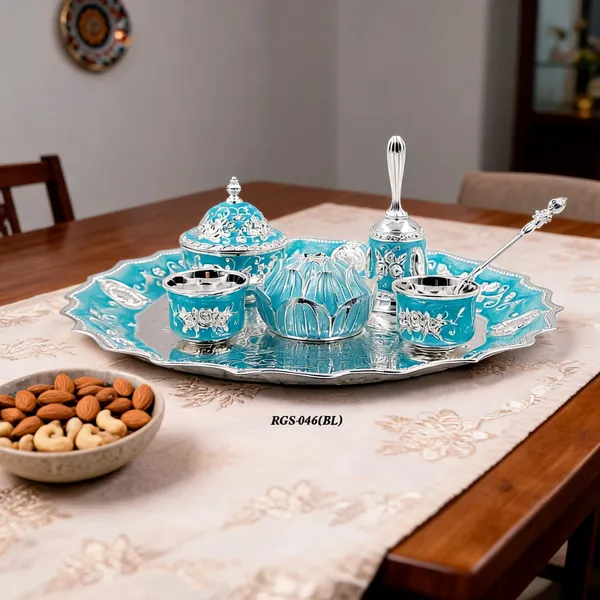 German_Turquoise_Blue_Enamel_Embossed_Pooja_Thali_Set_With_Large_Lotus_Agarbatti_Stand_And_Bell