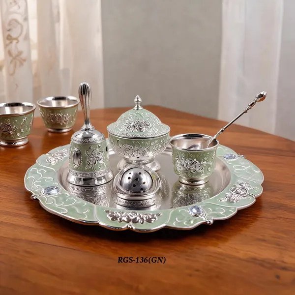 German_Silver_Floral_Engraved_Pooja_Thali_Set_With_Bell