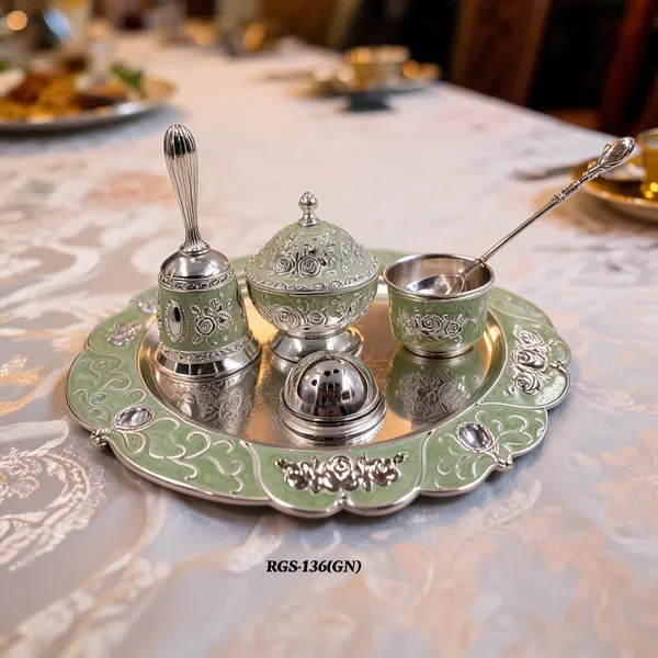 German_Silver_Floral_Engraved_Pooja_Thali_Set_With_Bell