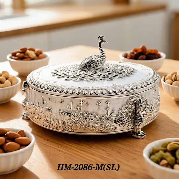 German_Silver_Enamel_Traditional_Peacock_Embossed_Medium_Size_Round_Dry_Fruit_Box