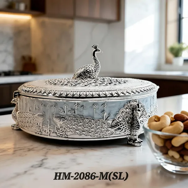German_Silver_Enamel_Traditional_Peacock_Embossed_Medium_Size_Round_Dry_Fruit_Box