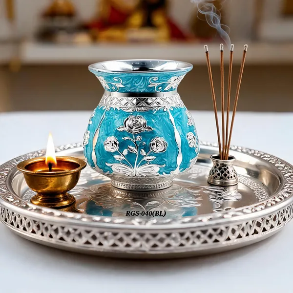 German_Silver_Turquoise_Blue_Enamel_Floral_Decorative_Lota_Pooja_Kalash