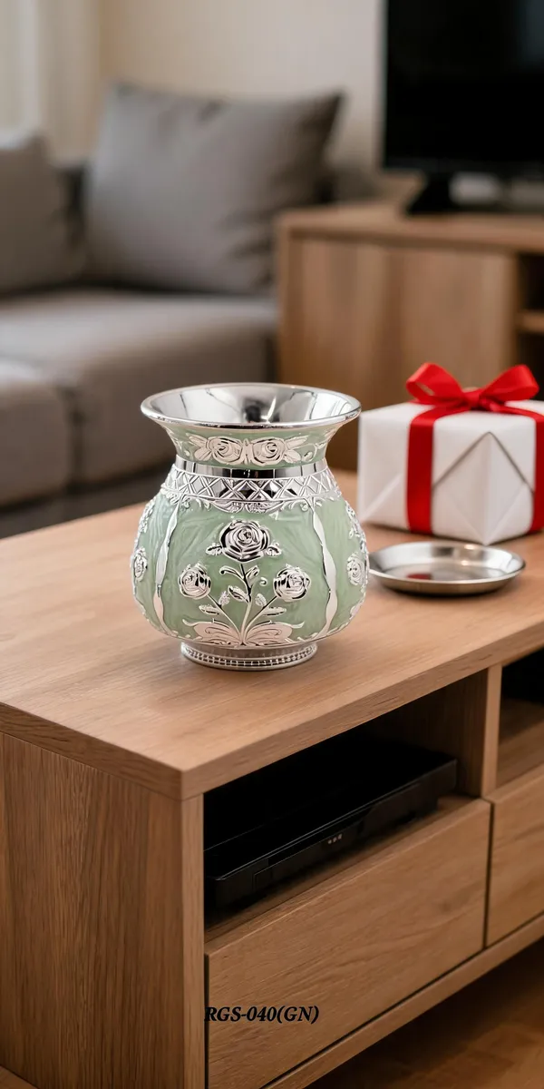 German_Silver_Green_Enamel_Floral_Decorative_Lota_Pooja_Kalash