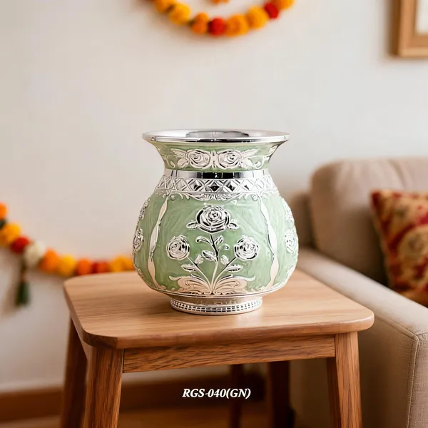 German_Silver_Green_Enamel_Floral_Decorative_Lota_Pooja_Kalash