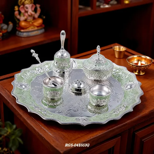 German_Silver_Green_Enamel_Embossed_Pooja_Thali_Set_With_Small_Agarbatti_Stand_And_Bell