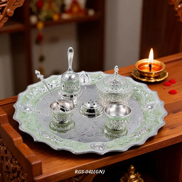 German_Silver_Green_Enamel_Embossed_Pooja_Thali_Set_With_Small_Agarbatti_Stand_And_Bell