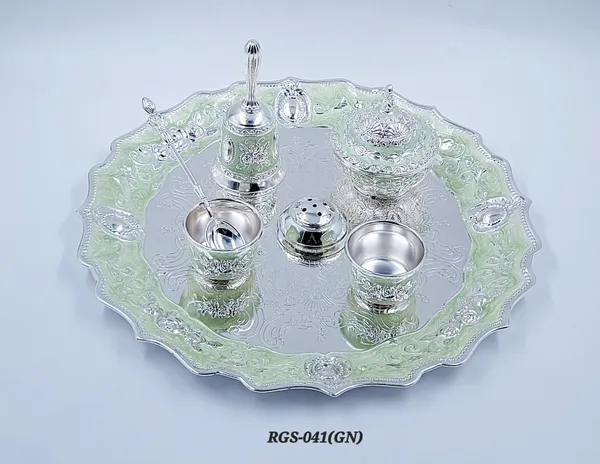 German_Silver_Green_Enamel_Embossed_Pooja_Thali_Set_With_Small_Agarbatti_Stand_And_Bell