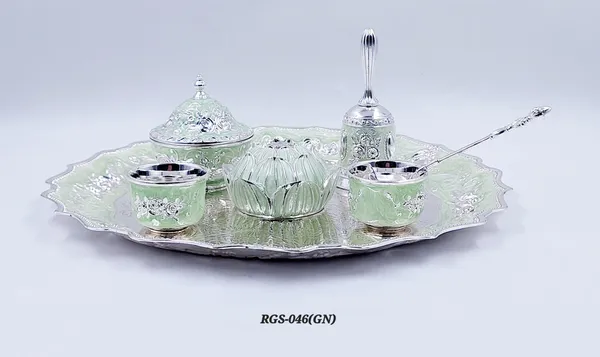 German_Silver_Green_Enamel_Embossed_Pooja_Thali_Set_With_Large_Lotus_Agarbatti_Stand_And_Bell