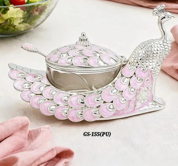 German_Silver_Pink_Enamel_Peacock_Decorative_Candy_Serving_Bowl_With_Lid