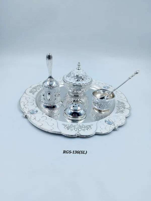 German_Silver_Embossed_Floral_Pooja_Thali_Set_With_Bell