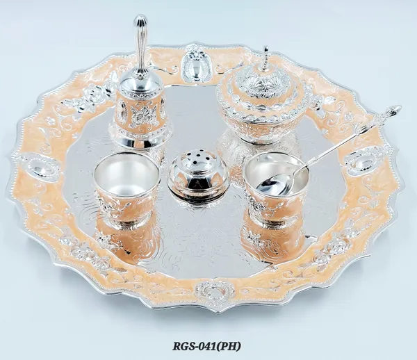 German_Silver_Peach_Enamel_Embossed_Pooja_Thali_Set_With_Small_Agarbatti_Stand_And_Bell