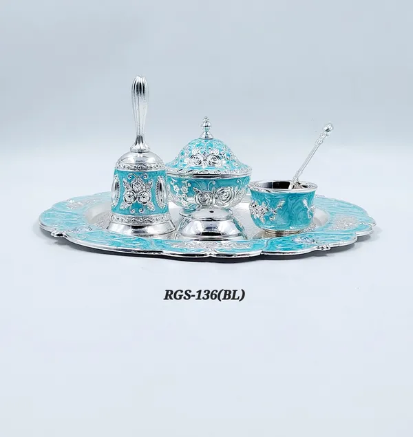 German_Silver_Turquoise_Blue_Enamel_Floral_Pooja_Thali_Set