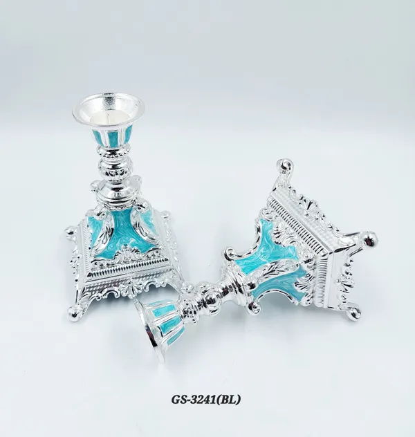 German_Silver_Turquoise_Blue_Enamel_Victorian_Ornate_Candlestick_Stand_Set_Of_2
