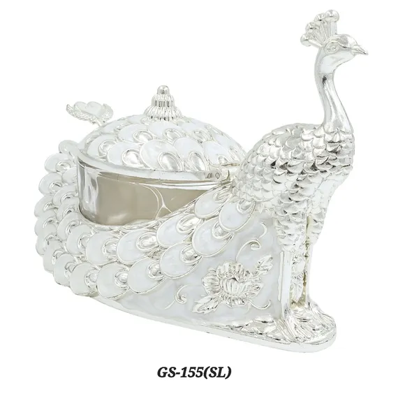 German_Silver_Enamel_Peacock_Decorative_Candy_Serving_Bowl_With_Lid_Spoon