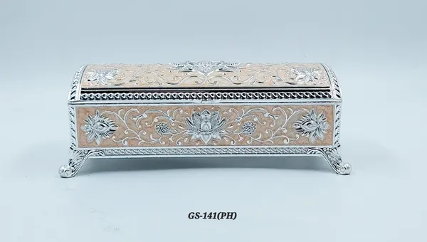 German_Silver_Peach_Enamel_Floral_Decorative_Jewelry_Box