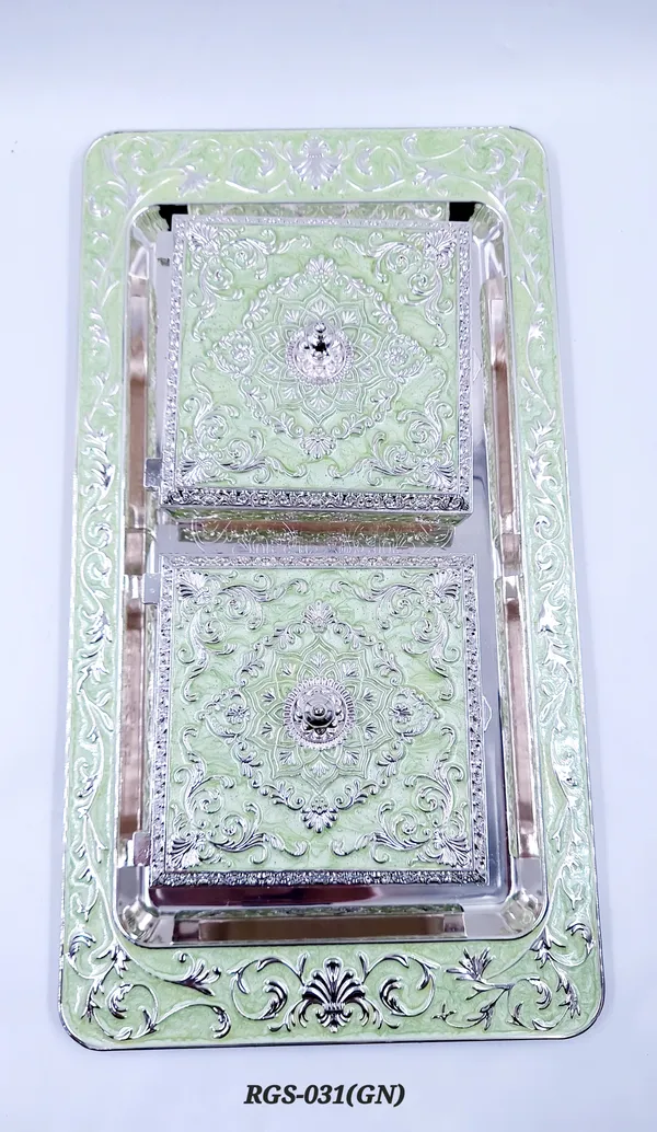 German_Silver_Enamel_Festive_Floral_Embossed_Dual_Dry_Fruit_Box_Set_With_Tray
