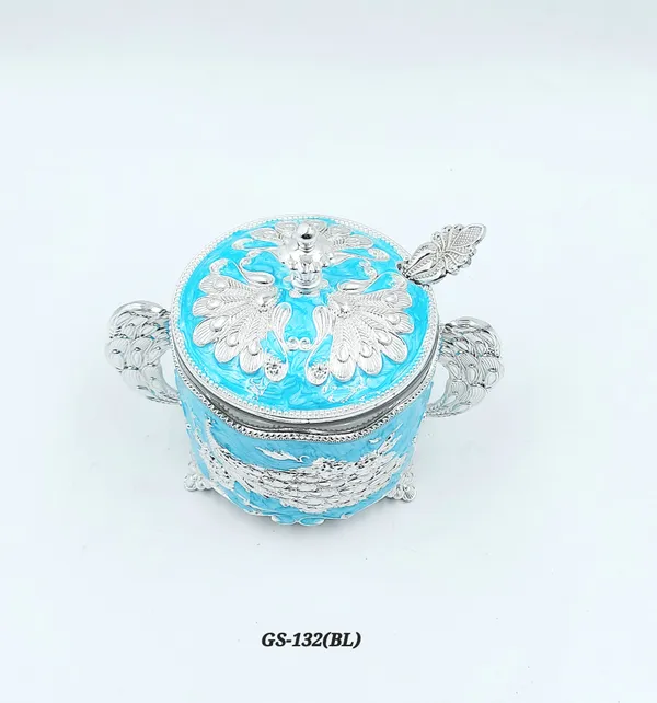 German_Silver_Turquoise_Blue_Enamel_Peacock_Sugar_Candy_Bowl_With_Spoon