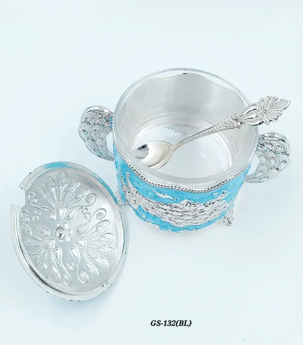 German_Silver_Turquoise_Blue_Enamel_Peacock_Sugar_Candy_Bowl_With_Spoon