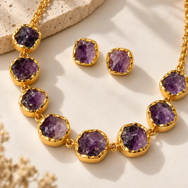 Amethyst_Single_Layer_Stone_Necklace_Set_Golden_Collection